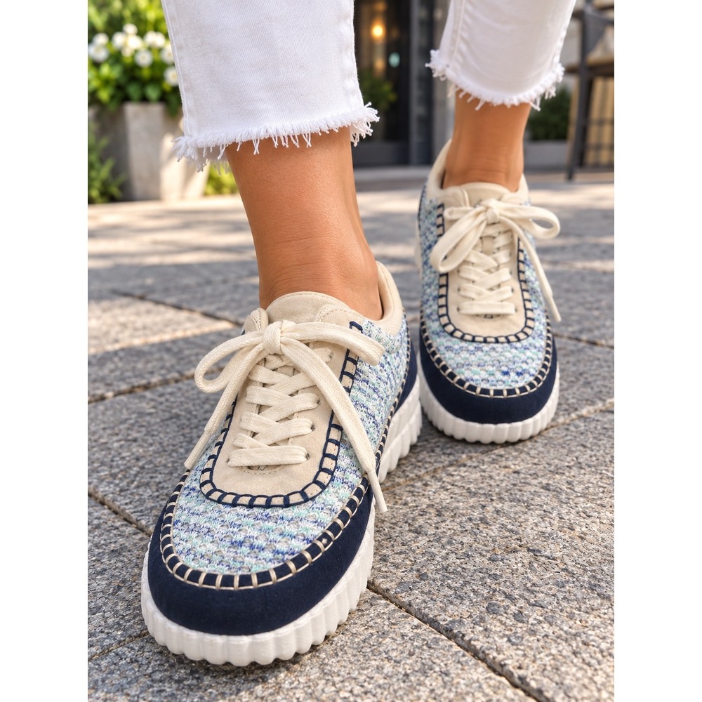 J/Slides NYC Women Blue Knit Blanket Stitch Platform Sneakers Size 9